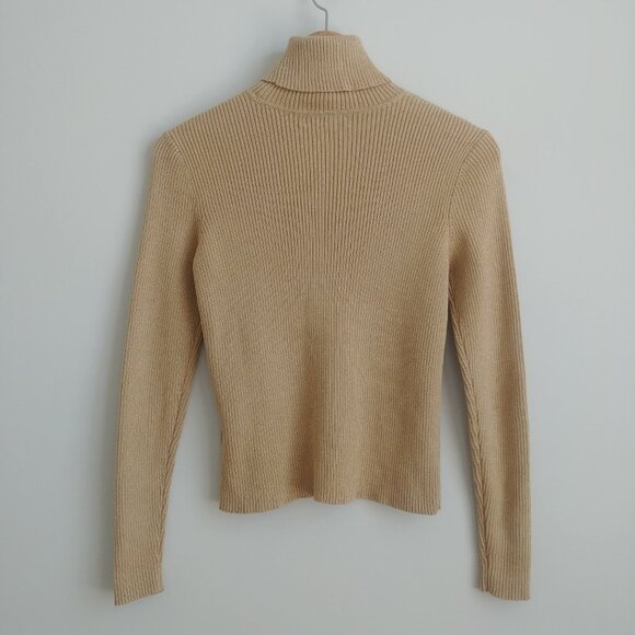 Ralph Lauren gold tan metallic ribbed cotton turtleneck sweater PP - Picture 7 of 13